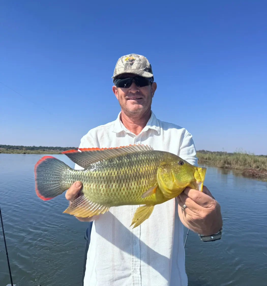 Guest holding a tigerfish caught during a fishing outing