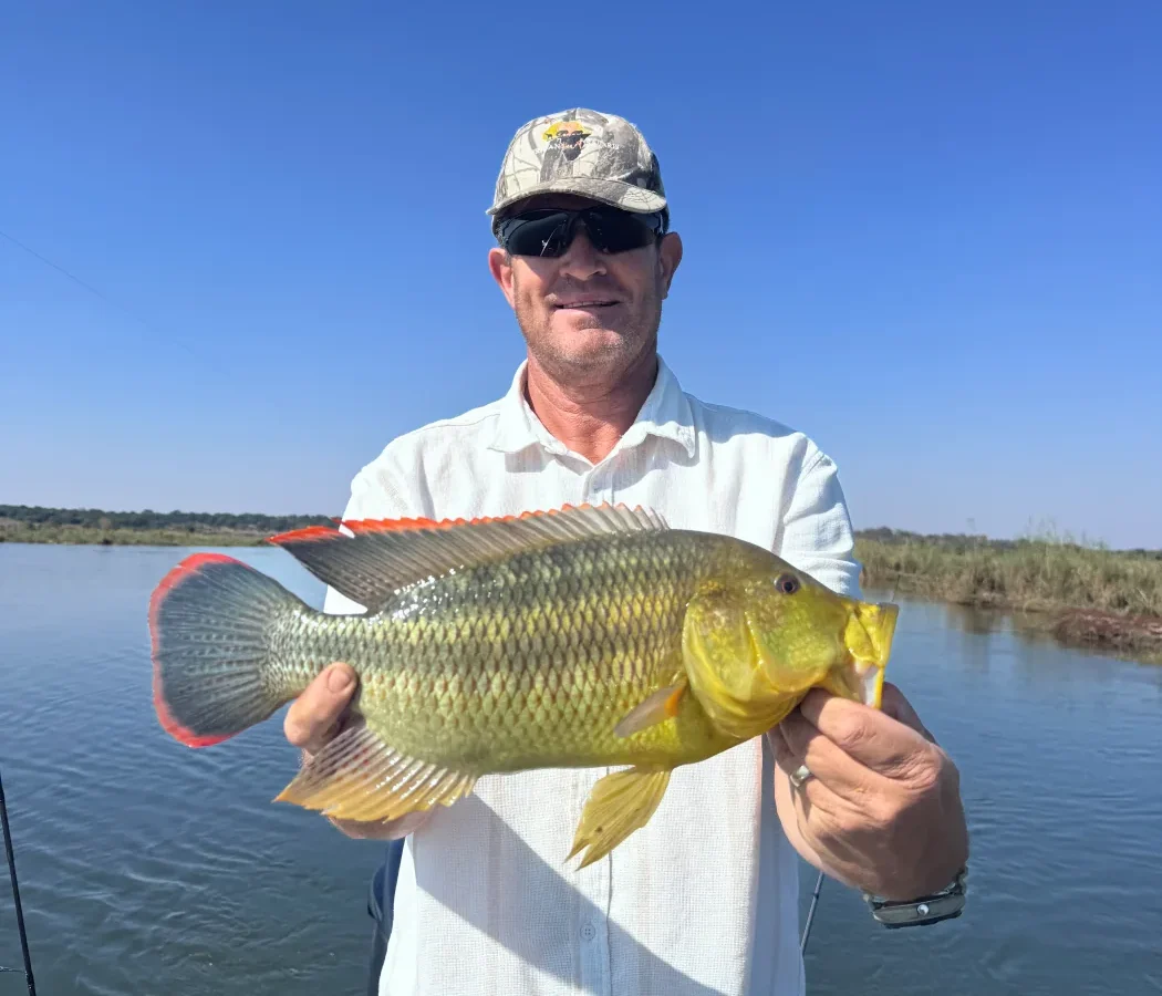 Guest holding a tigerfish caught during a fishing outing
