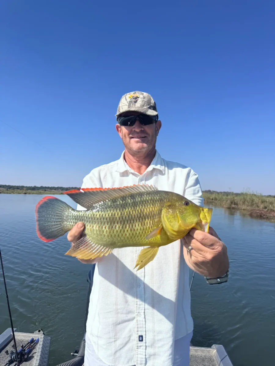 Guest holding a tigerfish caught during a fishing outing