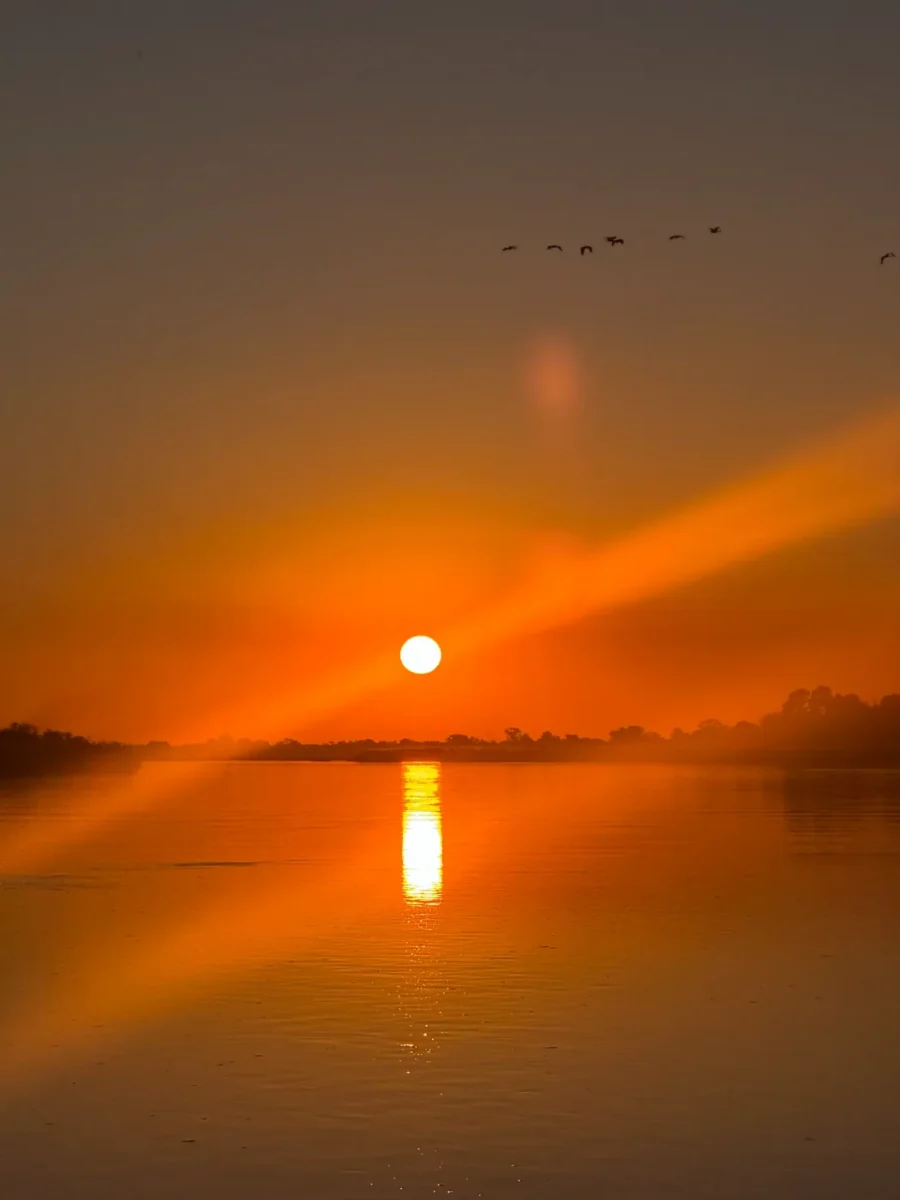 Sunset over the river during a full safari day