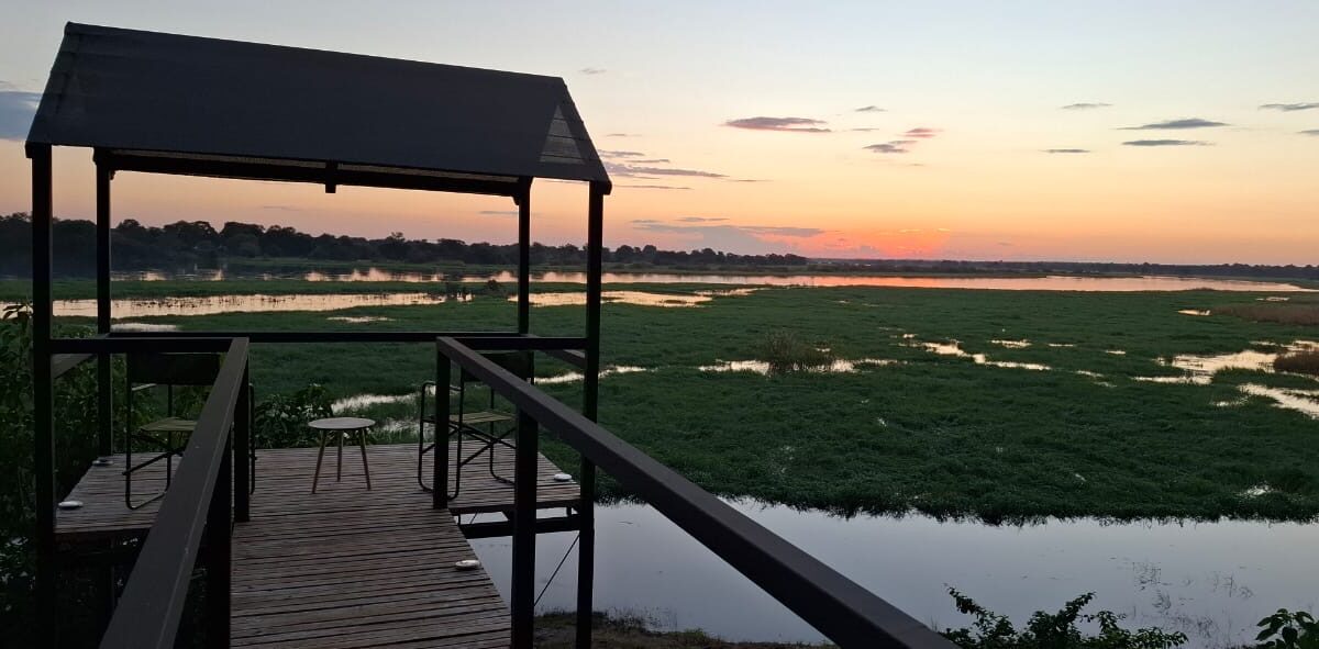 Viewing deck over the river floodplain at sunset